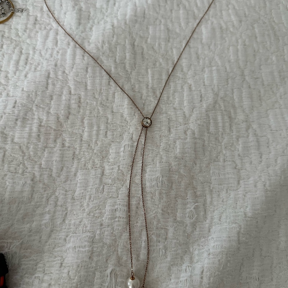 Swarovski rosegold long chain Necklace with Y-shaped crystal Pendant and Pearl